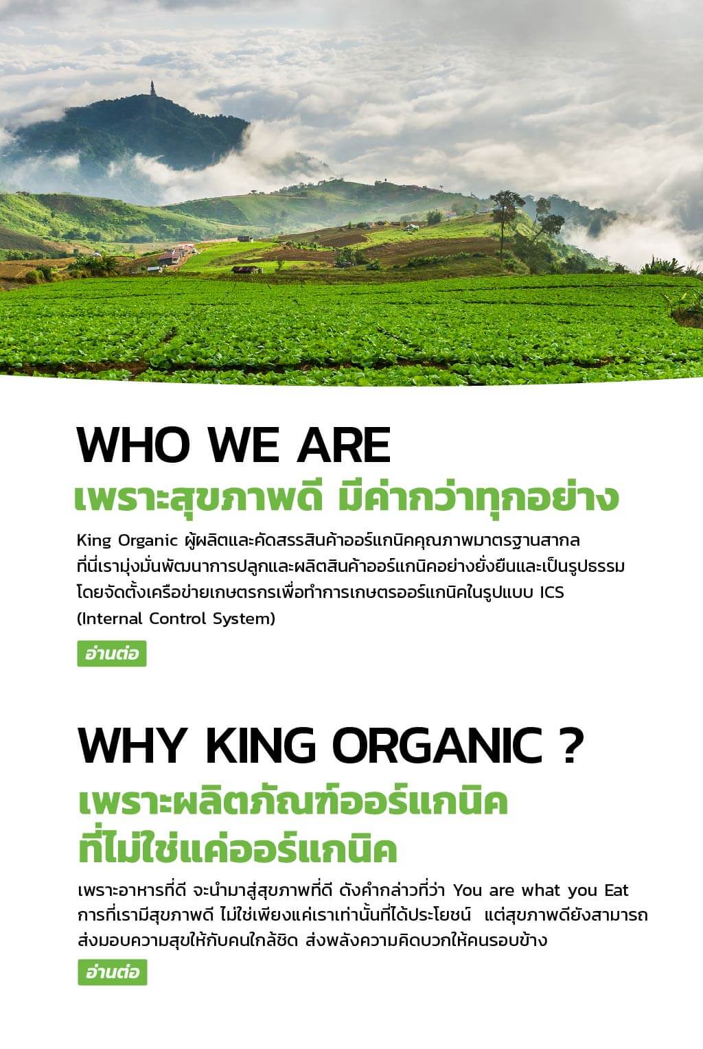 ที่ King Organic เรามุ่งมั่น ส่งเสริม สร้างสรรค์ผลิตภัณฑ์ทางการเกษตรที่สะอาด ปลอดภัย เป็นมิตรต่อสุขภาพ และที่สำคัญ ต้องเป็นมิตรกับสิ่งแวดล้อม เพราะอาหารที่ดี จะนำมาสู่สุขภาพที่ดี ดังคำกล่าวที่ว่า You are what you Eat
