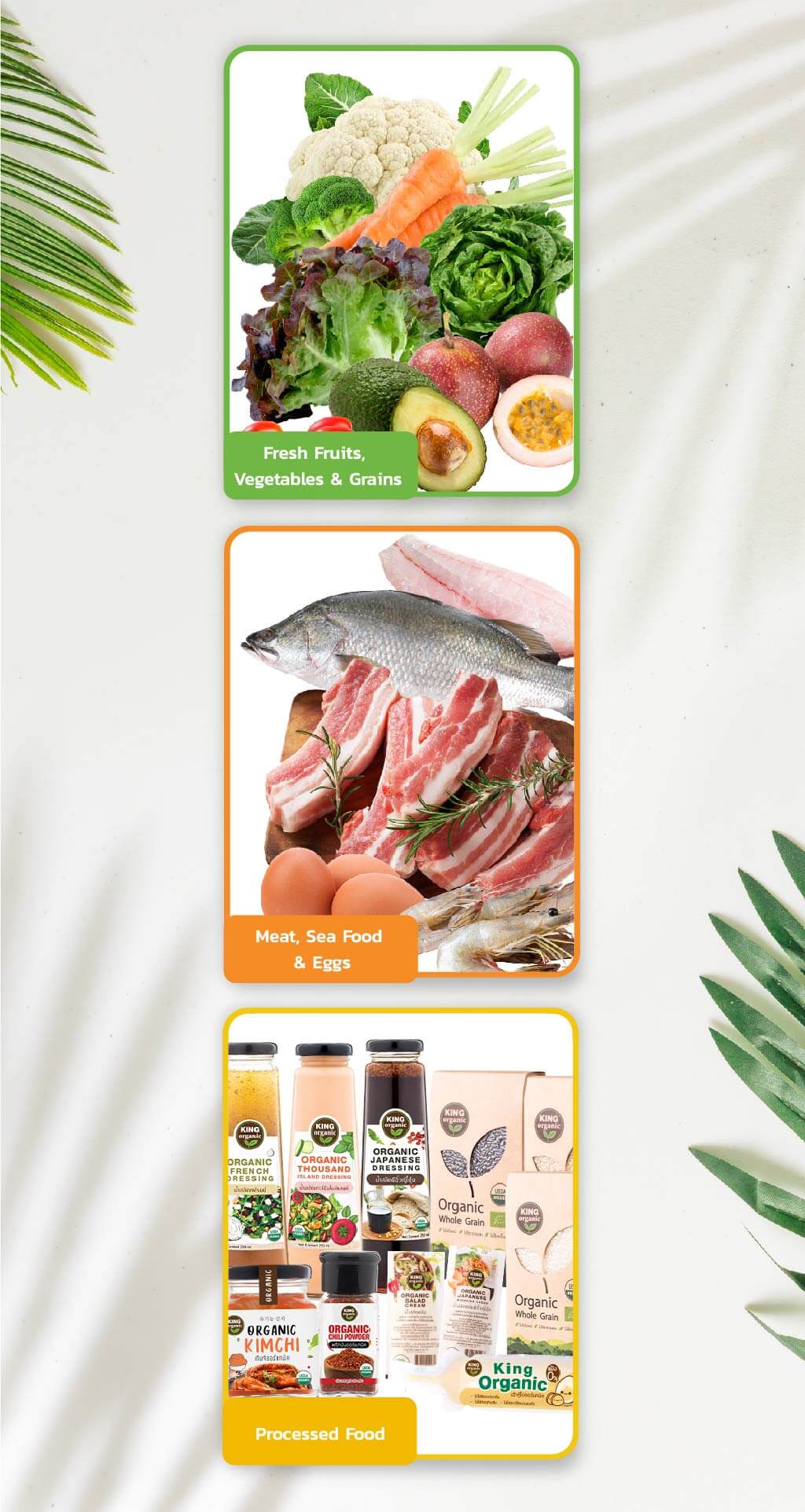 Fresh Fruits, Vegetables & Grains, Meat, Sea Food & Eggs, Processed Food
